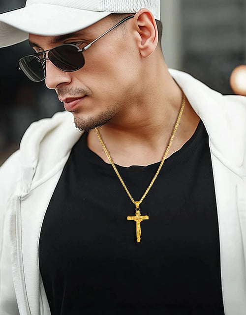 Load image into Gallery viewer, Golden Cross Necklaces for Men Stainless Steel INRI Crucifix Pendant Necklace Jesus Piece Religious Praying Jewelry for Christian Dad Father'S Day Gift
