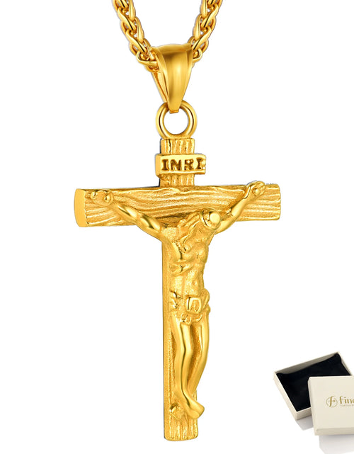Load image into Gallery viewer, Golden Cross Necklaces for Men Stainless Steel INRI Crucifix Pendant Necklace Jesus Piece Religious Praying Jewelry for Christian Dad Father'S Day Gift
