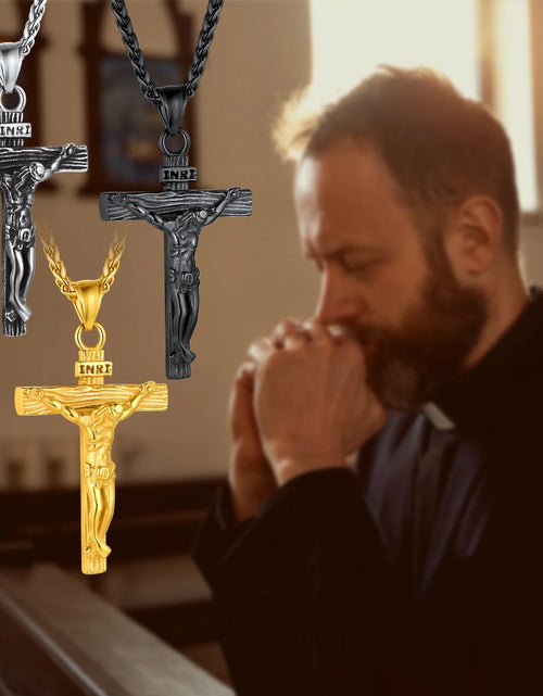 Load image into Gallery viewer, Golden Cross Necklaces for Men Stainless Steel INRI Crucifix Pendant Necklace Jesus Piece Religious Praying Jewelry for Christian Dad Father'S Day Gift
