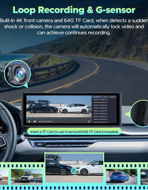 Load image into Gallery viewer, Wireless Carplay Screen for Car 9.26'' Portable 4K Dash Cam with 1080P Backup Camera, with Apple Carplay and Android Auto, Mirror Link, Loop Recording, GPS Navigation, 64G Card, Balck
