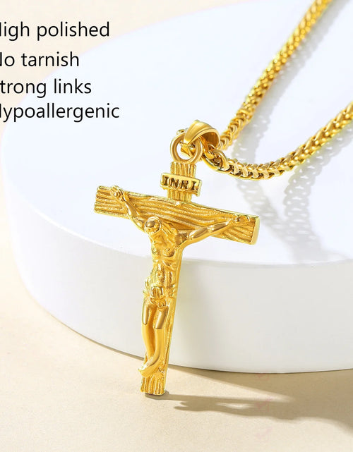 Load image into Gallery viewer, Golden Cross Necklaces for Men Stainless Steel INRI Crucifix Pendant Necklace Jesus Piece Religious Praying Jewelry for Christian Dad Father'S Day Gift
